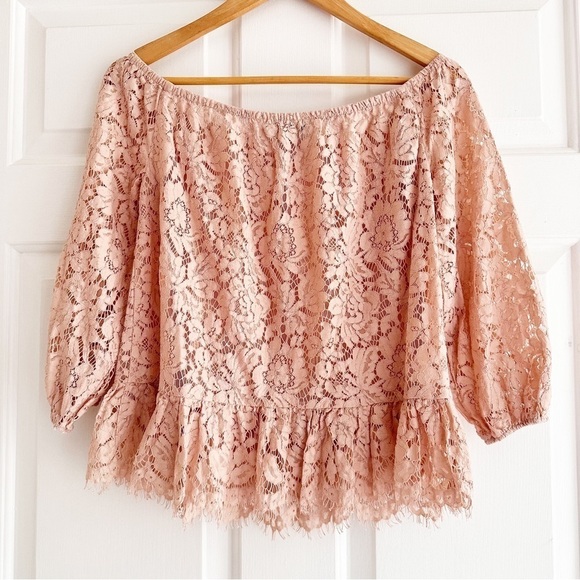 BCBG Lace Mesh Off Shoulder Pink Blouse Swifty Valentines - Picture 5 of 5